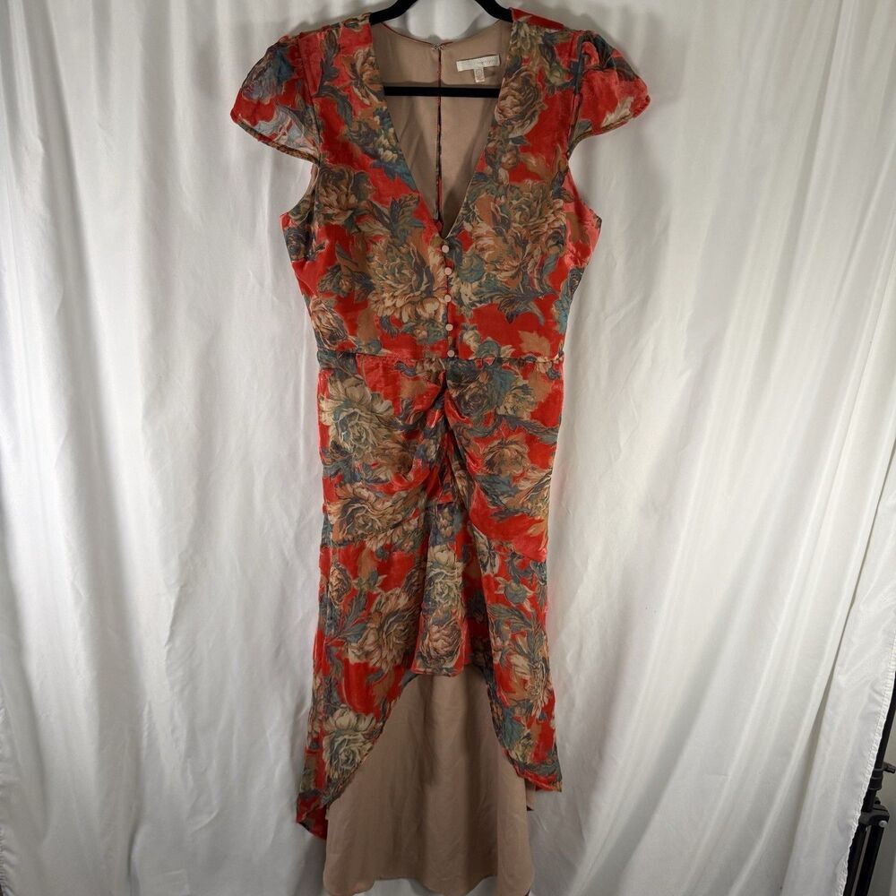 Harlyn High Low Maxi Dress Women's Large Red Floral Plush Velvet Vneck Short Slv